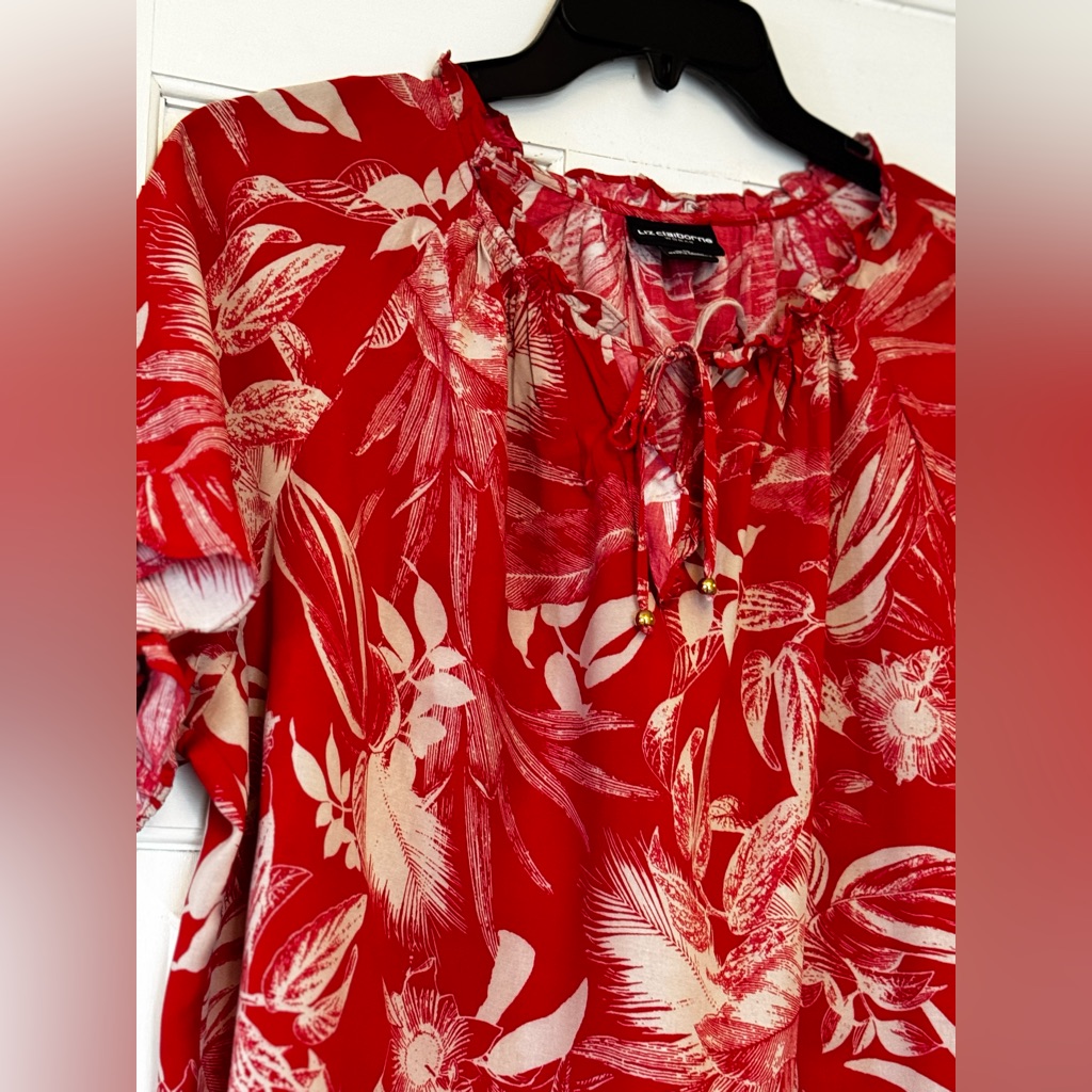 Liz Claiborne Red Floral Tie-Neck Blouse